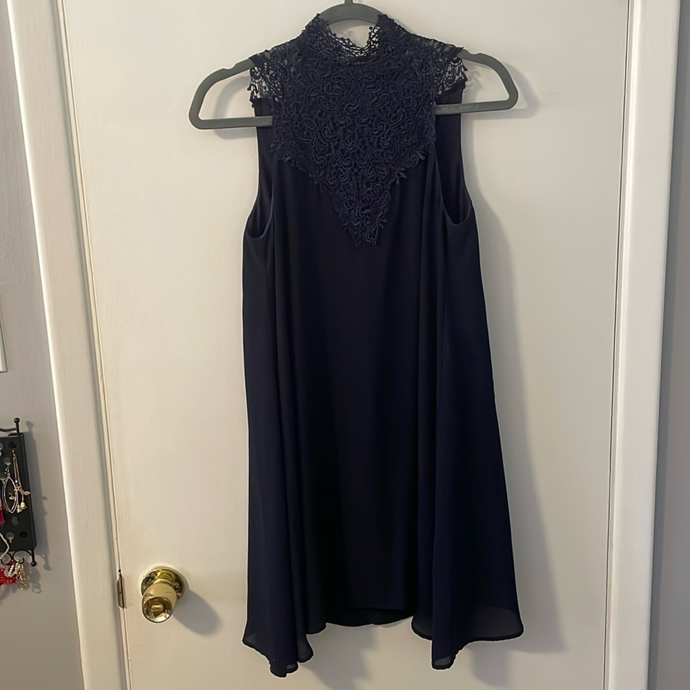 Navy shift dress with lace high neck